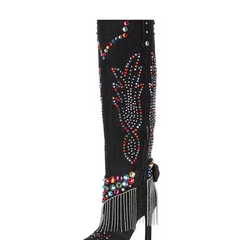 Rhinestone Embellished Black Heeled Boots